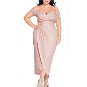 City Chic Sz 16 Entwine Sweetheart Off The Shoulder Tulip Maxi Dress Blush Pink